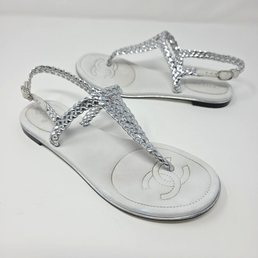 Chanel CC Logo Braided Metallic Leather Thong Sandals White Silver IT 37.5 US 7 - Picture 5 of 9